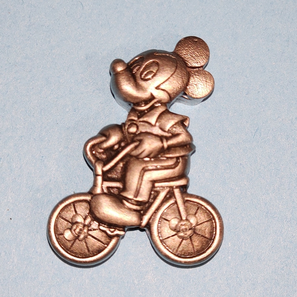 Mickey Mouse On A Bicycle Pewter Pin, Earrings, And Necklace Set, 1970's Disney